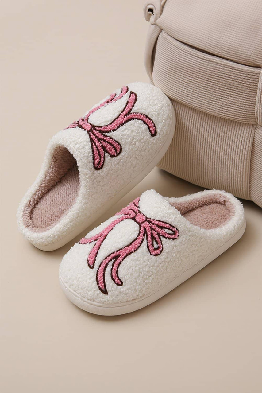 White Bow Knot Pattern Plush Warm Slippers White Bow Knot Pattern Plush Warm Slippers