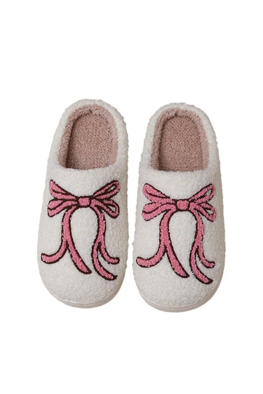 White Bow Knot Pattern Plush Warm Slippers White Bow Knot Pattern Plush Warm Slippers