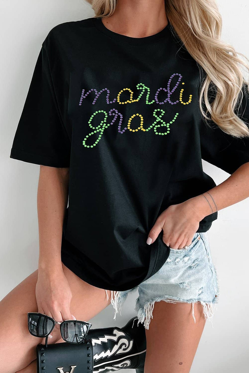 Black Rhinestone Mardi Gras Letter Graphic T Shirt Black Rhinestone Mardi Gras Letter Graphic T Shirt