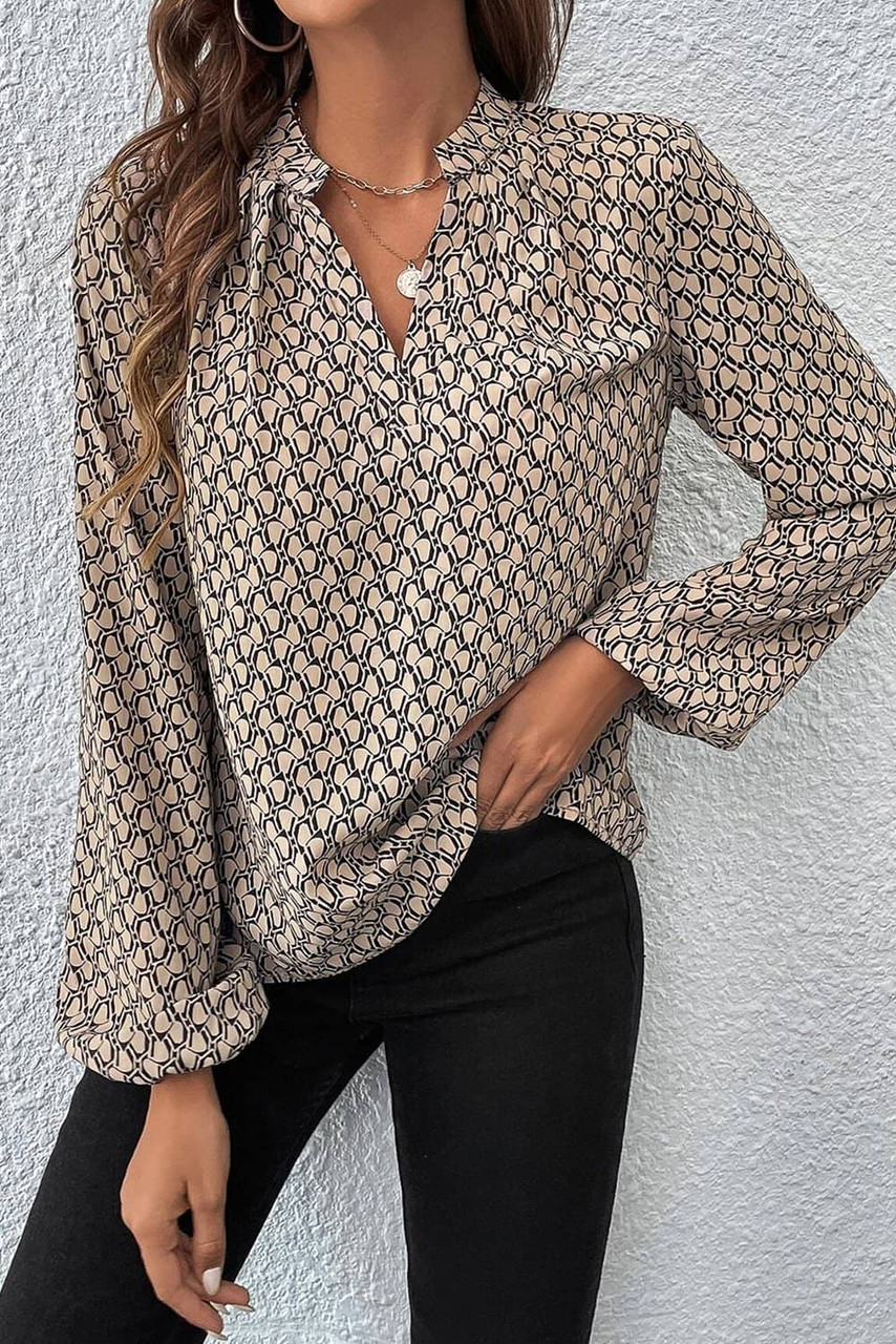 Khaki Geometric Print Notched Neck Puff Sleeve Blouse Khaki Geometric Print Notched Neck Puff Sleeve Blouse