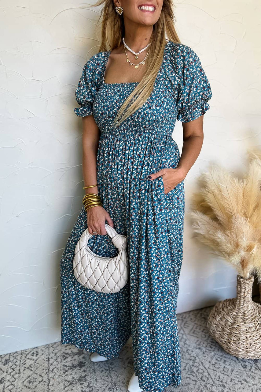 Blue Vintage Boho Floral Smocked Short Puff Sleeve Wide Leg Jumpsuit Blue Vintage Boho Floral Smocked Short Puff Sleeve Wide Leg Jumpsuit