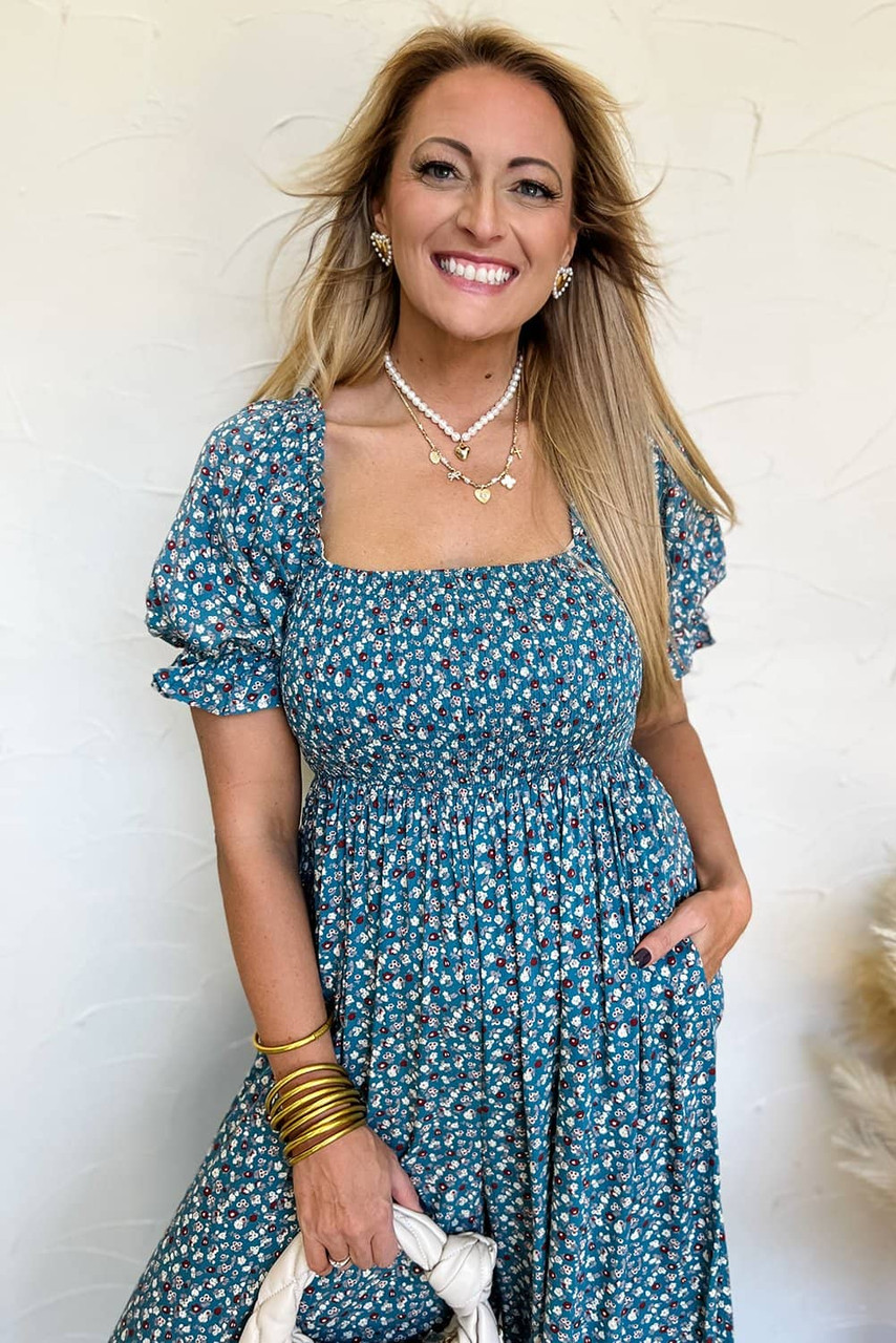 Blue Vintage Boho Floral Smocked Short Puff Sleeve Wide Leg Jumpsuit Blue Vintage Boho Floral Smocked Short Puff Sleeve Wide Leg Jumpsuit