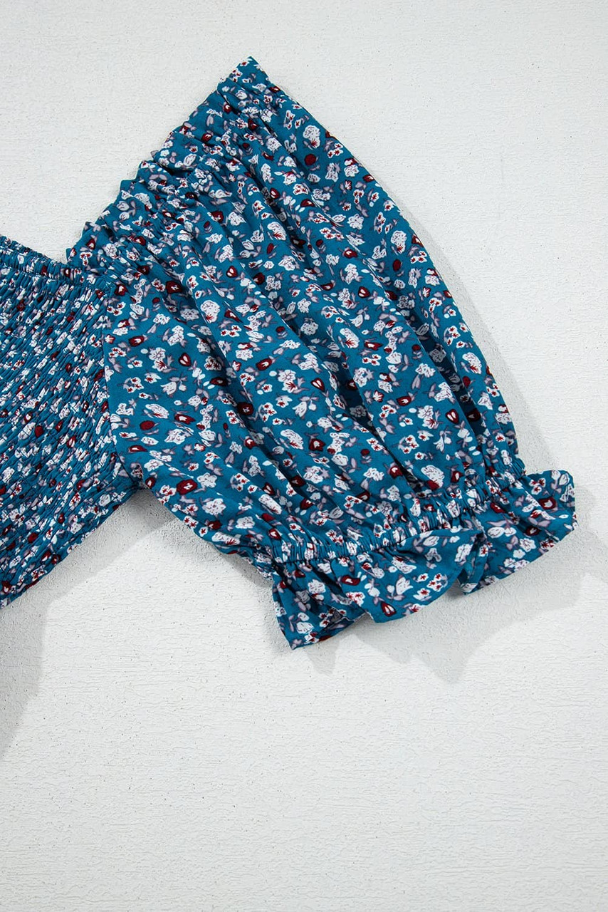 Blue Vintage Boho Floral Smocked Short Puff Sleeve Wide Leg Jumpsuit Blue Vintage Boho Floral Smocked Short Puff Sleeve Wide Leg Jumpsuit