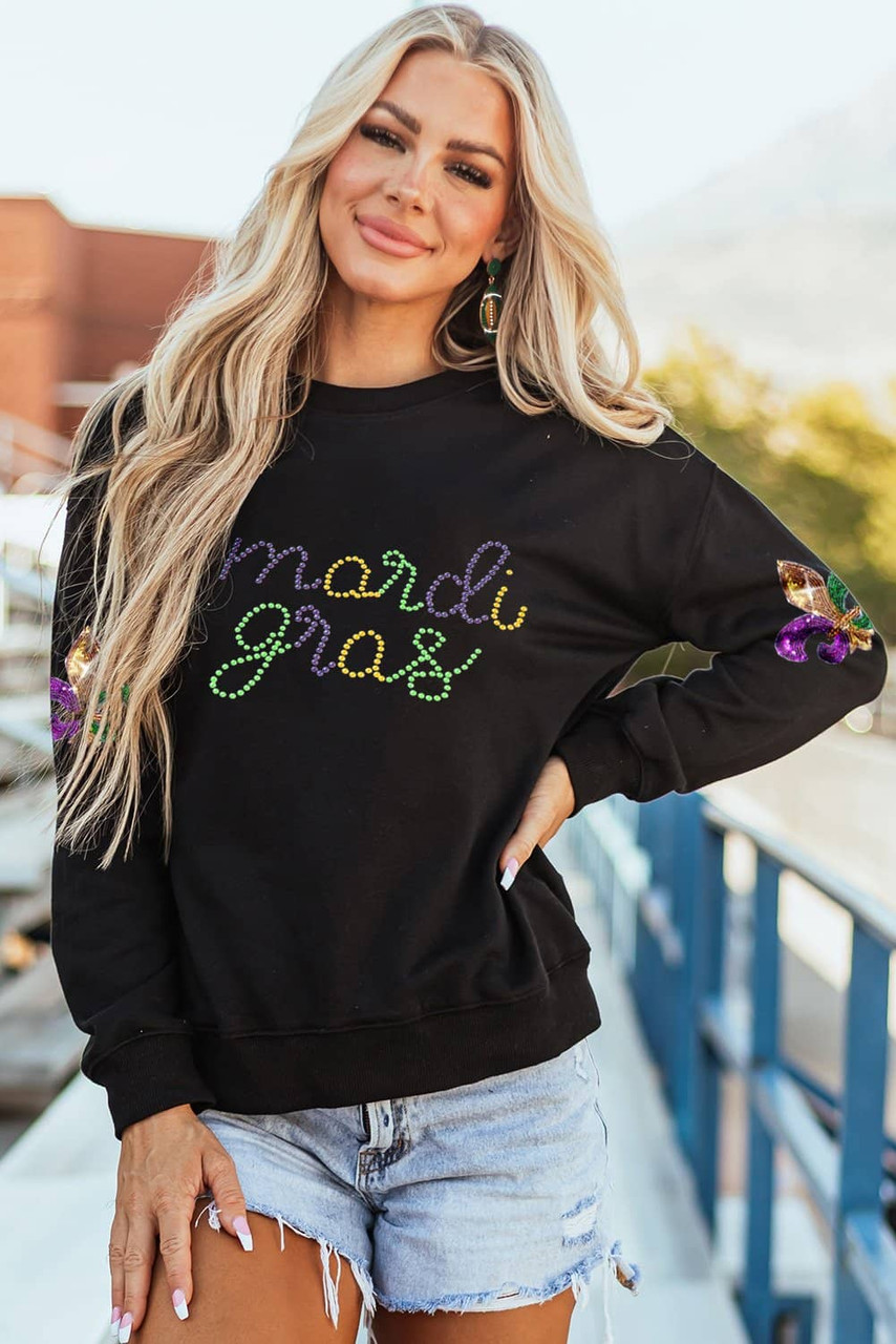 Black Ceramic Rhinestone mardi gras Letter Graphic Sweatshirt Black Ceramic Rhinestone mardi gras Letter Graphic Sweatshirt