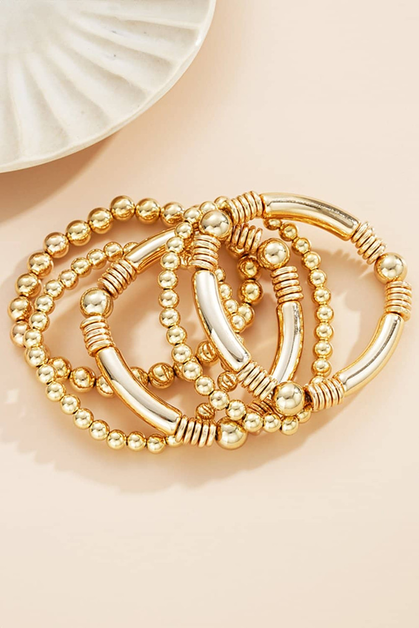 Gold Layered Plated Alloy Beaded Elastic Bracelet Set Gold Layered Plated Alloy Beaded Elastic Bracelet Set
