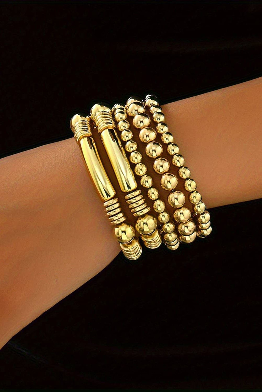 Gold Layered Plated Alloy Beaded Elastic Bracelet Set Gold Layered Plated Alloy Beaded Elastic Bracelet Set