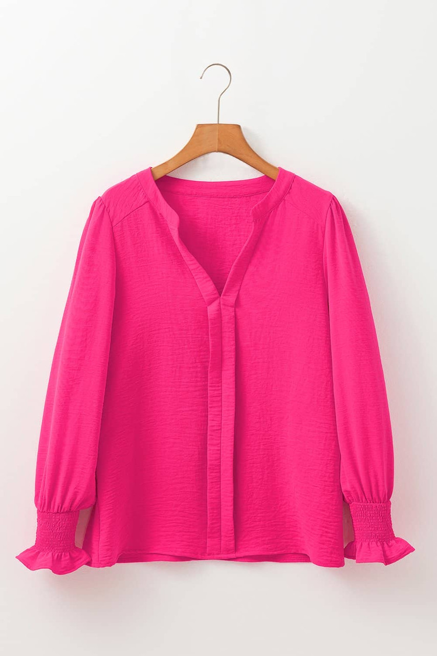 Rose Red Solid Color Shirred Cuff Notch V Neck Blouse