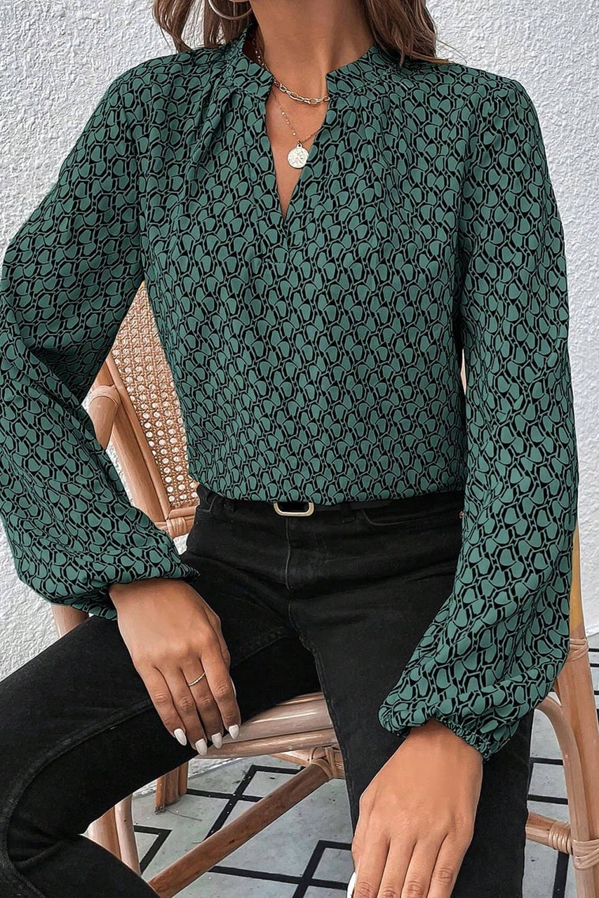 Green Geometric Print Notched Neck Puff Sleeve Blouse Green Geometric Print Notched Neck Puff Sleeve Blouse