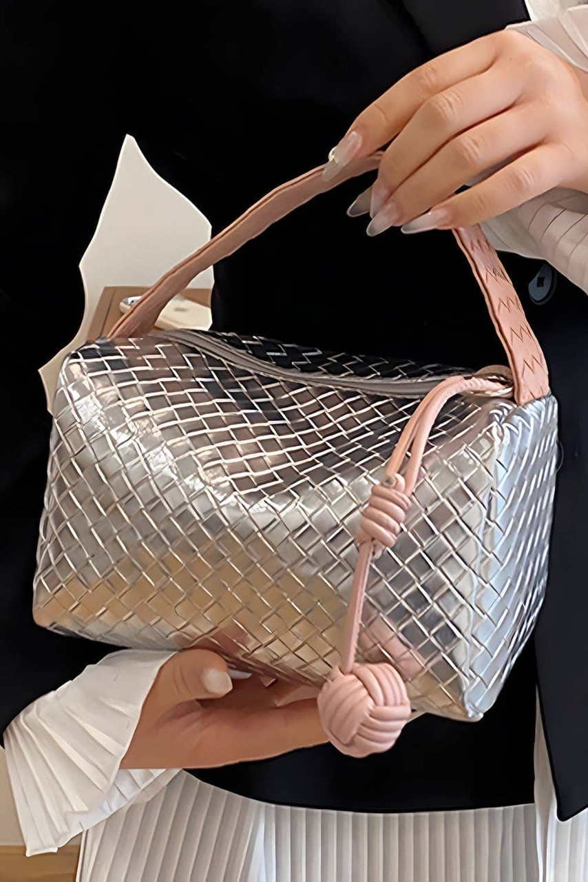 Silvery Lattice Texture Corded Ball Decor Weaven Handle Cosmetic Bag Silvery Lattice Texture Corded Ball Decor Weaven Handle Cosmetic Bag