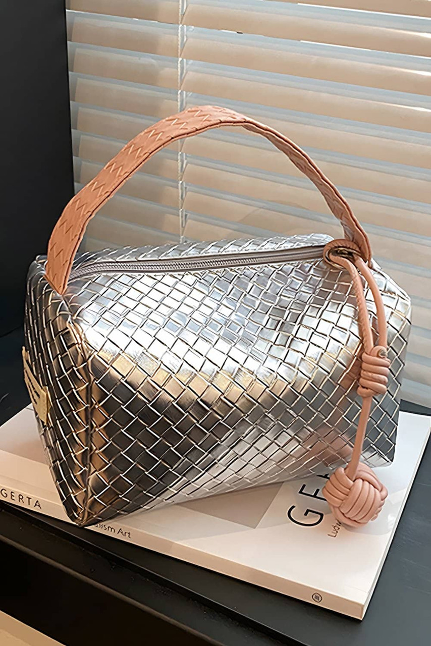 Silvery Lattice Texture Corded Ball Decor Weaven Handle Cosmetic Bag Silvery Lattice Texture Corded Ball Decor Weaven Handle Cosmetic Bag