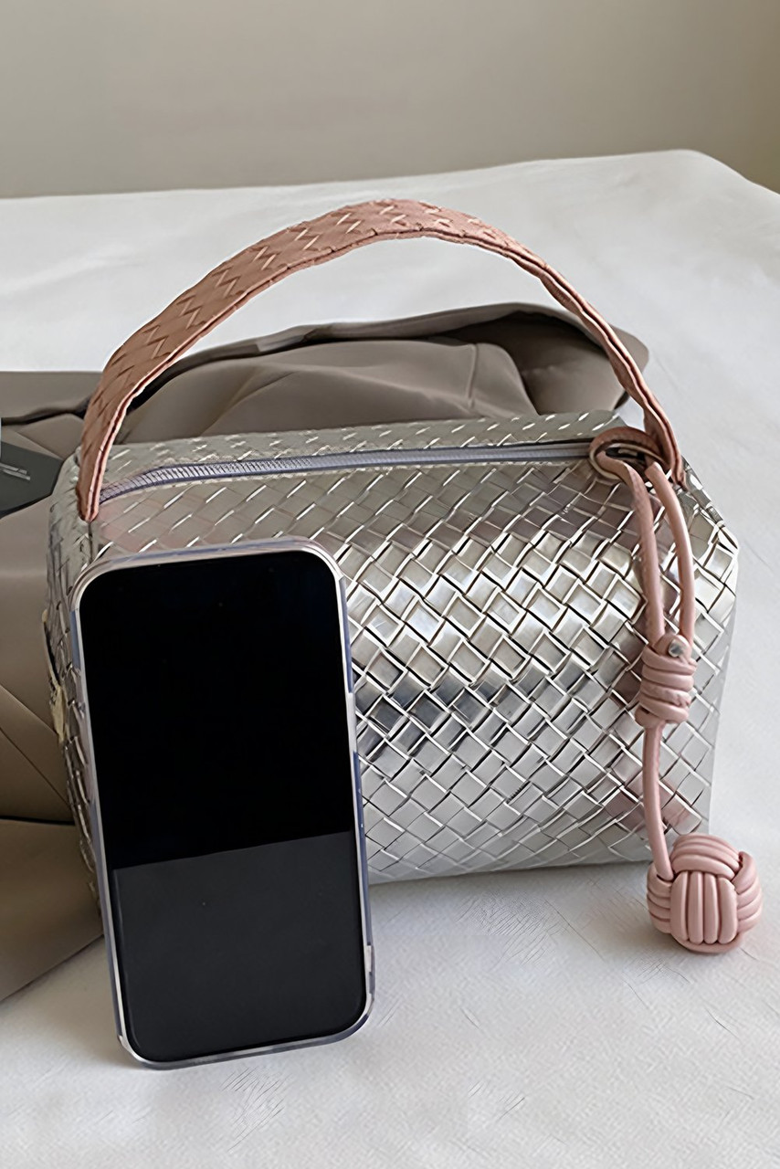 Silvery Lattice Texture Corded Ball Decor Weaven Handle Cosmetic Bag Silvery Lattice Texture Corded Ball Decor Weaven Handle Cosmetic Bag