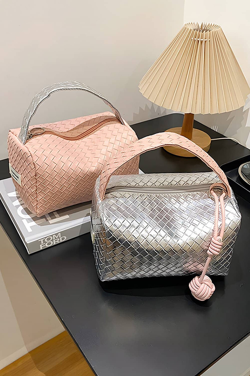 Silvery Lattice Texture Corded Ball Decor Weaven Handle Cosmetic Bag Silvery Lattice Texture Corded Ball Decor Weaven Handle Cosmetic Bag