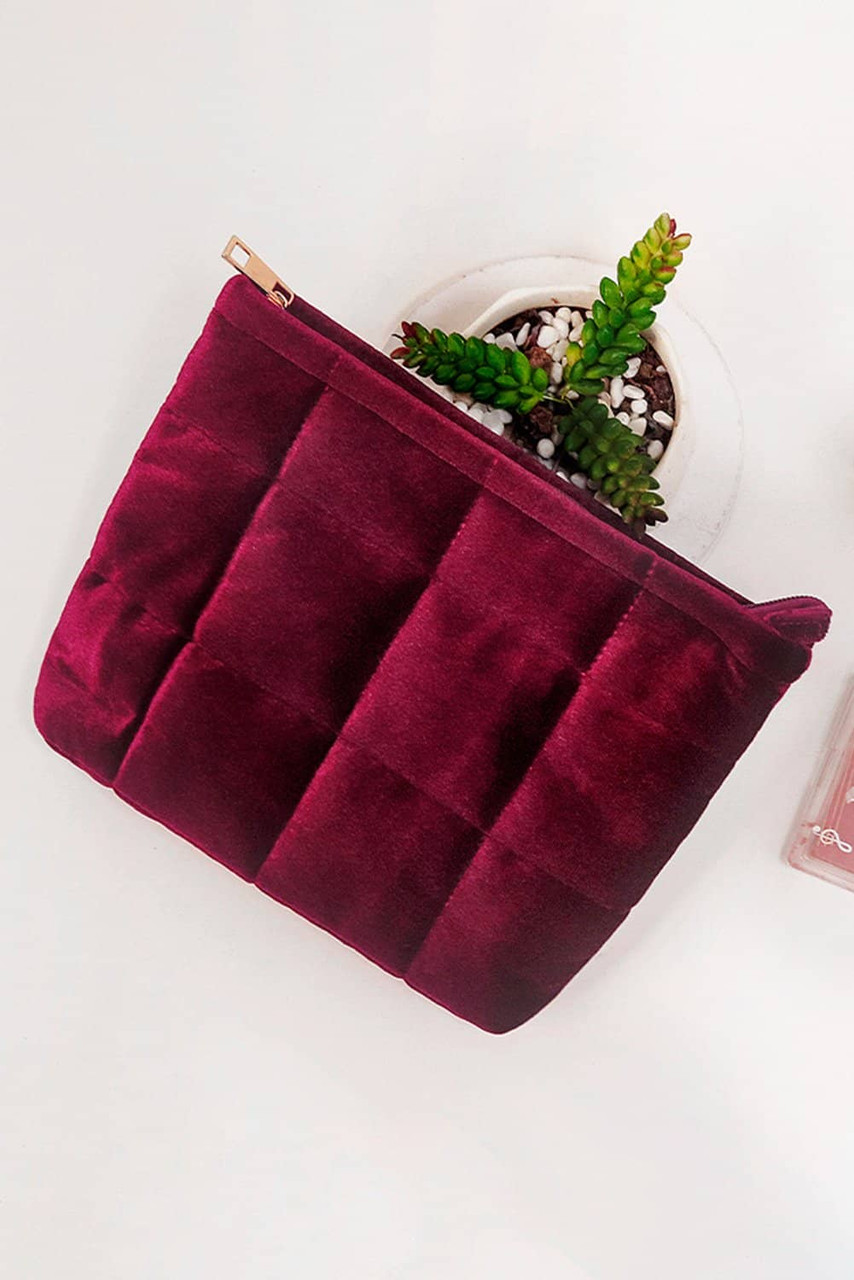 Burgundy Quilted Velour Zipper Cosmetic Organize Pouch Burgundy Quilted Velour Zipper Cosmetic Organize Pouch