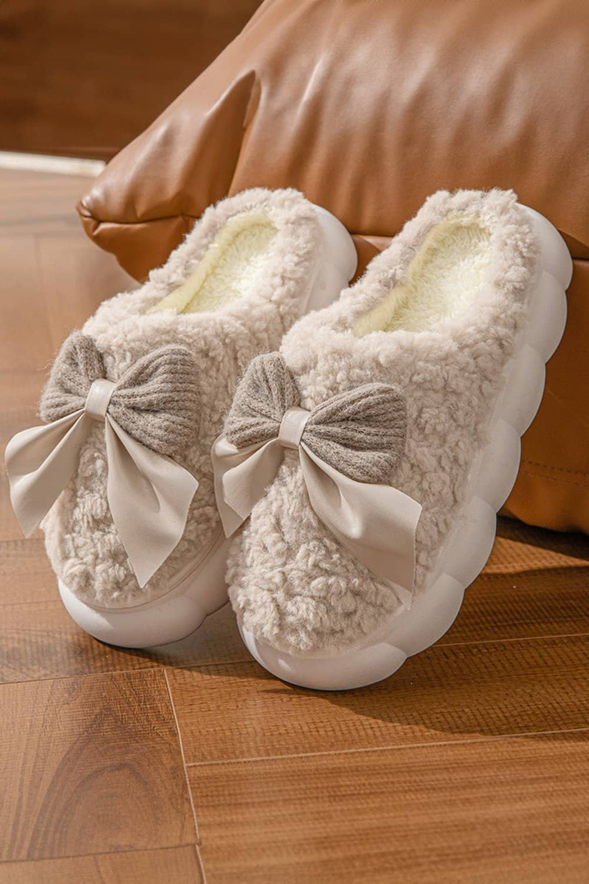 Camel Contrast Bowknot Applique Plush Winter Slippers (Bow Colors May Differ by Batch) Camel Contrast Bowknot Applique Plush Winter Slippers (Bow Colors May Differ by Batch)