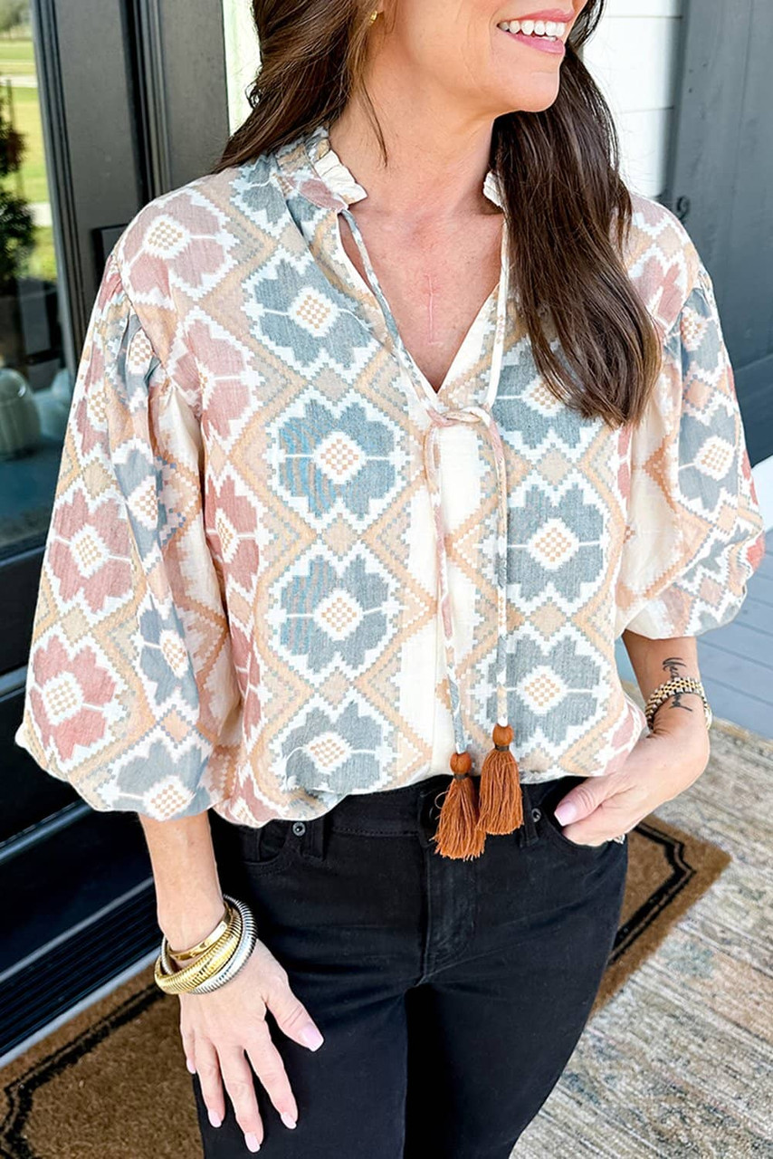 Khaki Geometric Print Tassel Tie Split Neck Balloon Sleeve Blouse Khaki Geometric Print Tassel Tie Split Neck Balloon Sleeve Blouse