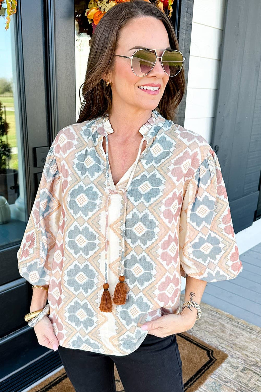Khaki Geometric Print Tassel Tie Split Neck Balloon Sleeve Blouse Khaki Geometric Print Tassel Tie Split Neck Balloon Sleeve Blouse