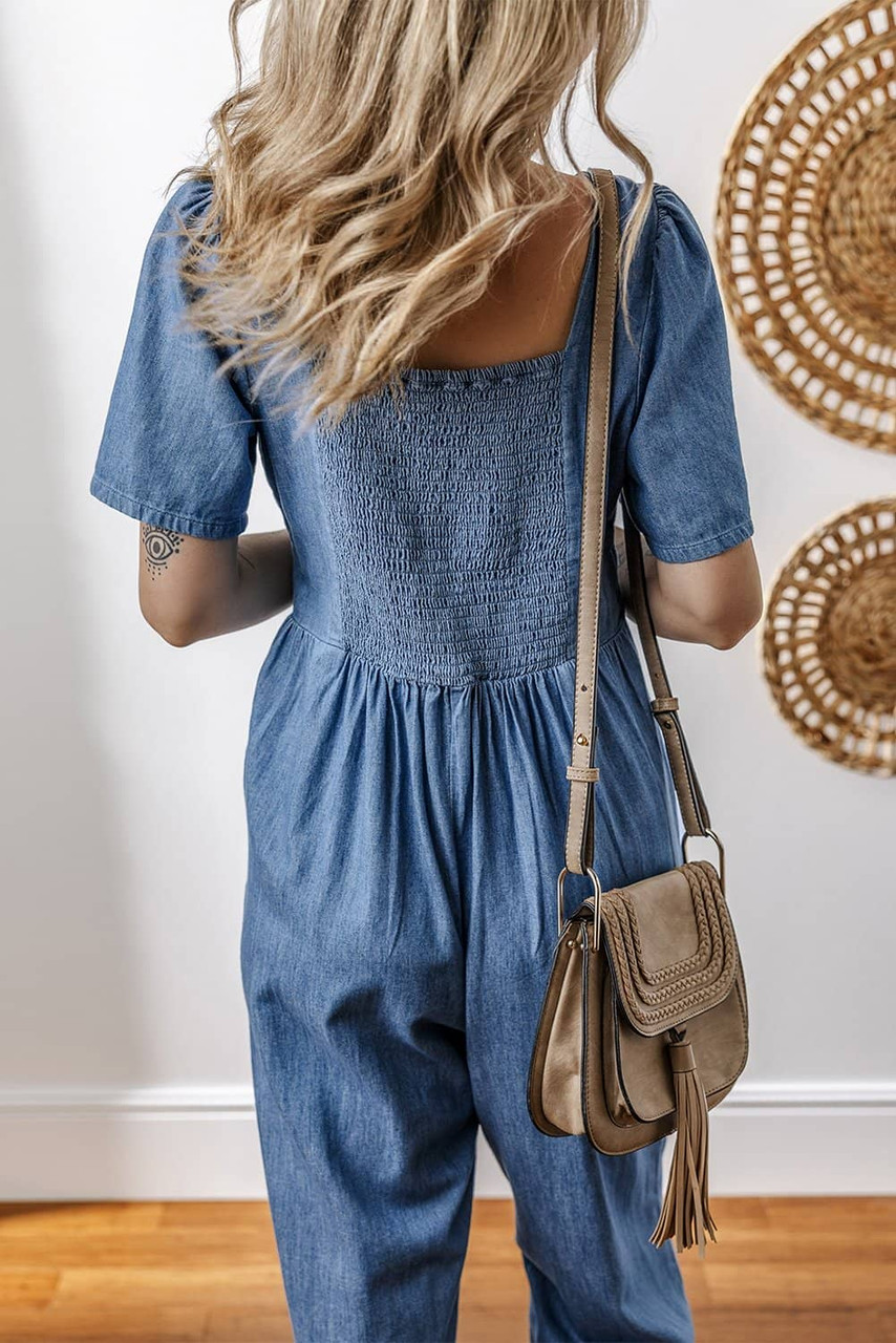 Ashleigh Blue V Neck Short Sleeve Smocked Back Denim Loose Jumpsuit Ashleigh Blue V Neck Short Sleeve Smocked Back Denim Loose Jumpsuit