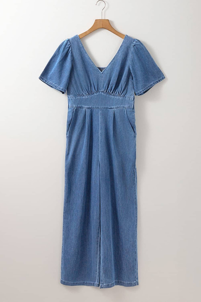 Ashleigh Blue V Neck Short Sleeve Smocked Back Denim Loose Jumpsuit Ashleigh Blue V Neck Short Sleeve Smocked Back Denim Loose Jumpsuit