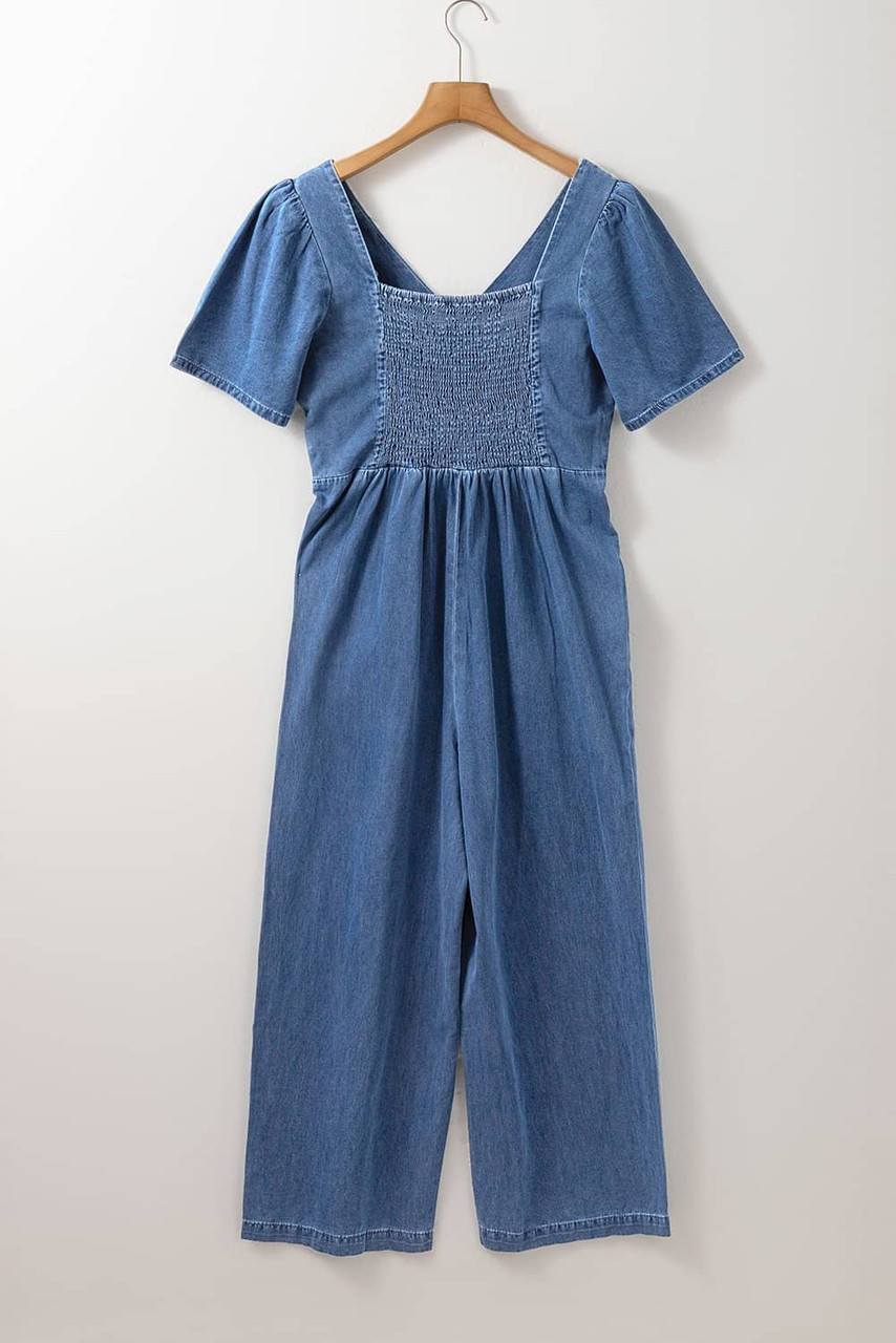 Ashleigh Blue V Neck Short Sleeve Smocked Back Denim Loose Jumpsuit Ashleigh Blue V Neck Short Sleeve Smocked Back Denim Loose Jumpsuit