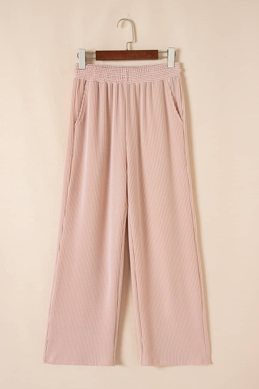 Smoke Gray Solid Corded Knit Short Sleeve T Shirt and Wide Leg Pants Set