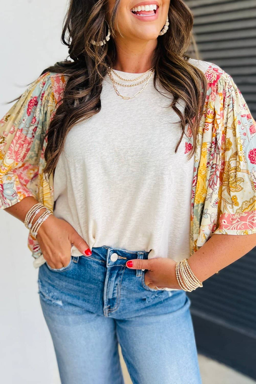 Beige Floral Patchwork Half Batwing Sleeve Blouse Beige Floral Patchwork Half Batwing Sleeve Blouse