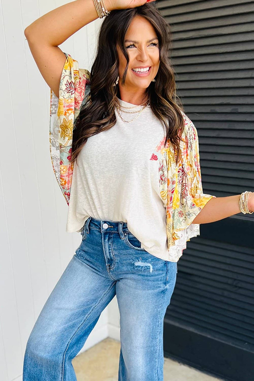 Beige Floral Patchwork Half Batwing Sleeve Blouse Beige Floral Patchwork Half Batwing Sleeve Blouse