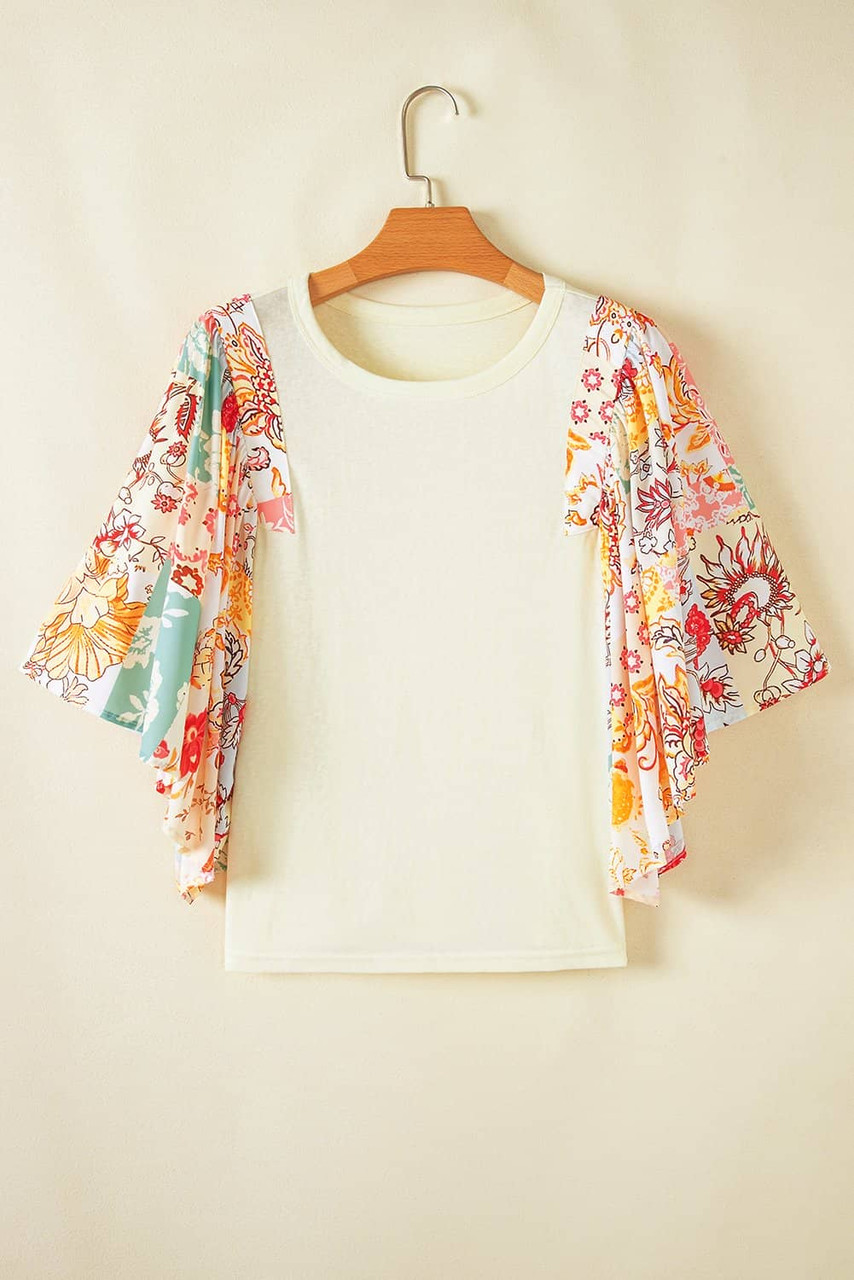 Beige Floral Patchwork Half Batwing Sleeve Blouse Beige Floral Patchwork Half Batwing Sleeve Blouse