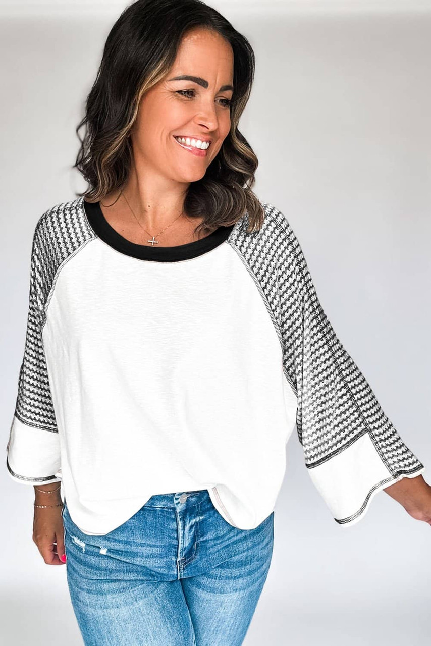 Black Striped Bracelet Sleeve Raglan Patchwork Top Black Striped Bracelet Sleeve Raglan Patchwork Top