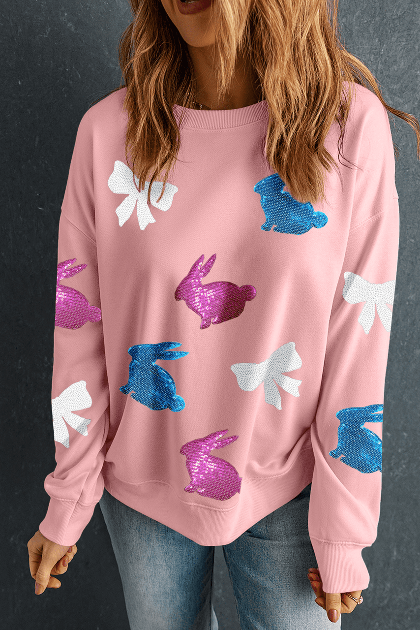 Pink Easter Bunny Bow Knot Sequined Crewneck Graphic Sweatshirt