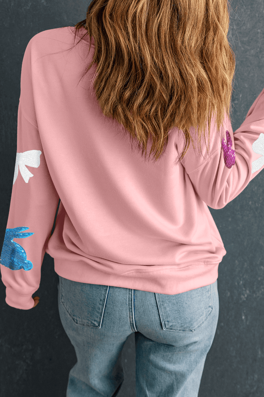 Pink Easter Bunny Bow Knot Sequined Crewneck Graphic Sweatshirt
