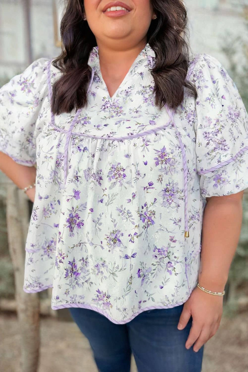 Purple Floral Trimmed Detail Split Neck Plus Size Top