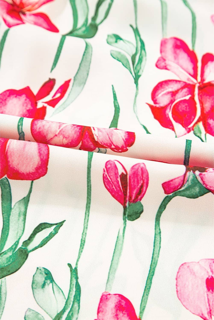 Pink Plus Size Floral Print Striped Trim V Neck Blouse