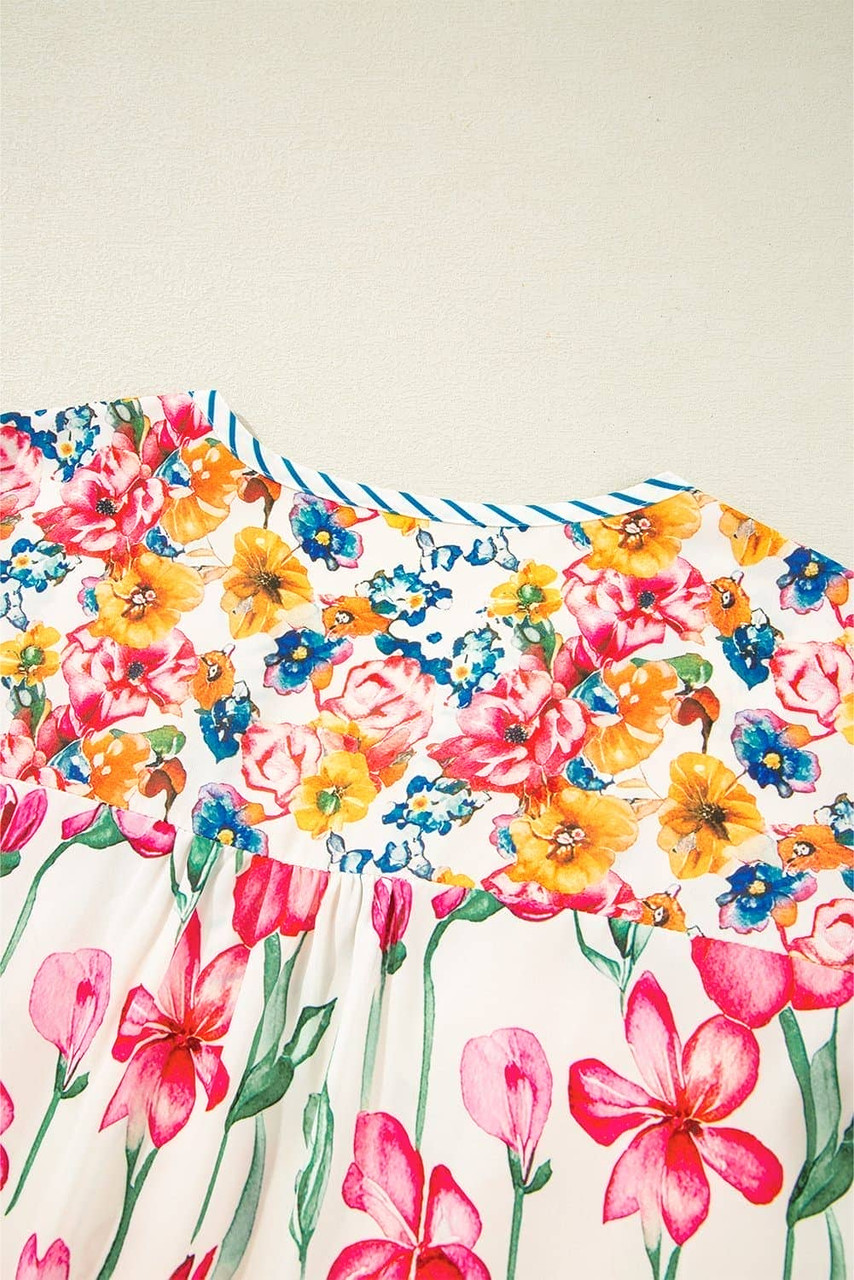 Pink Plus Size Floral Print Striped Trim V Neck Blouse