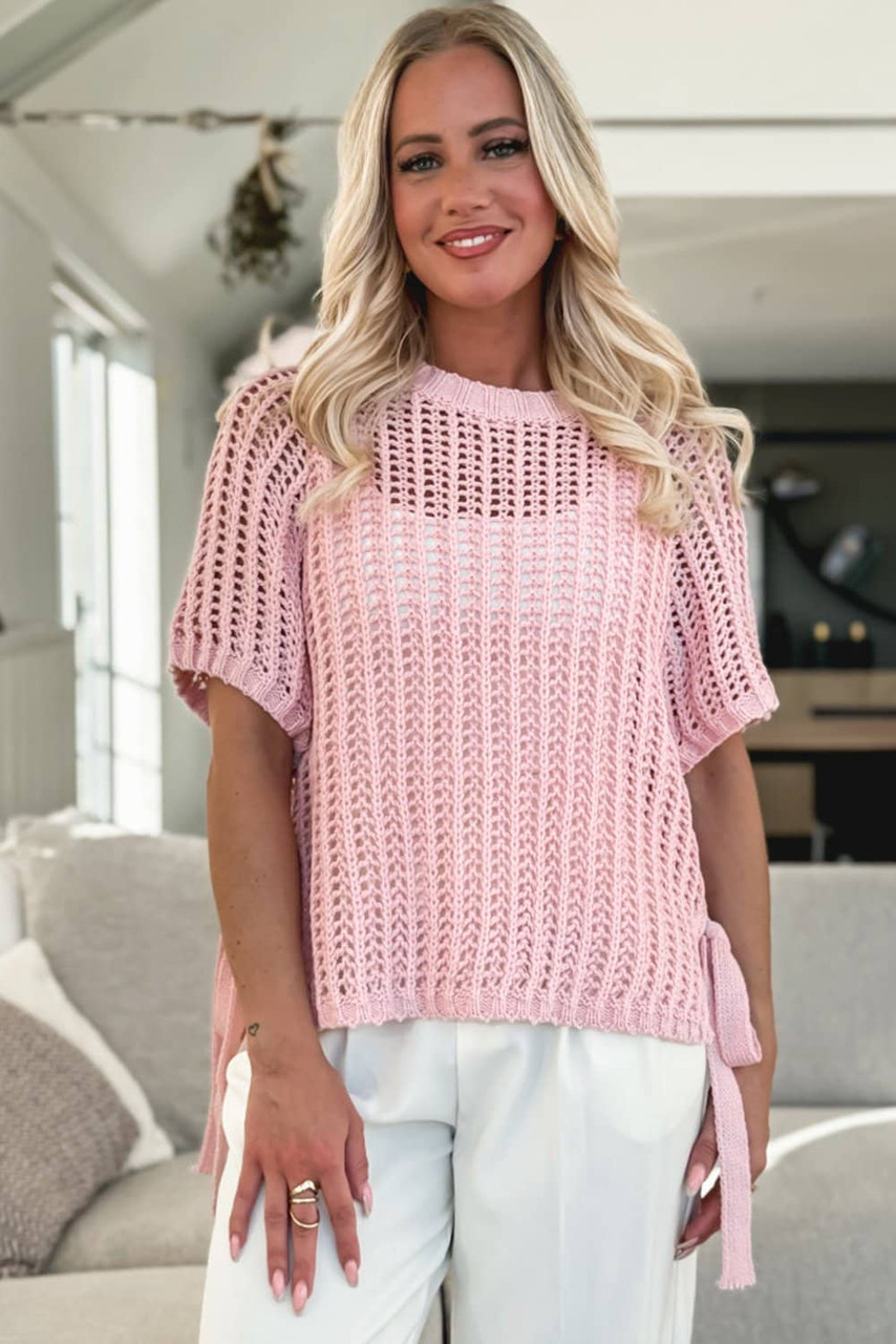 Pink Hollow-out Crochet Side Tied Short Sleeve Sweater