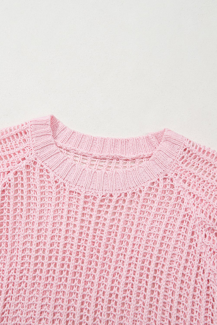 Pink Hollow-out Crochet Side Tied Short Sleeve Sweater