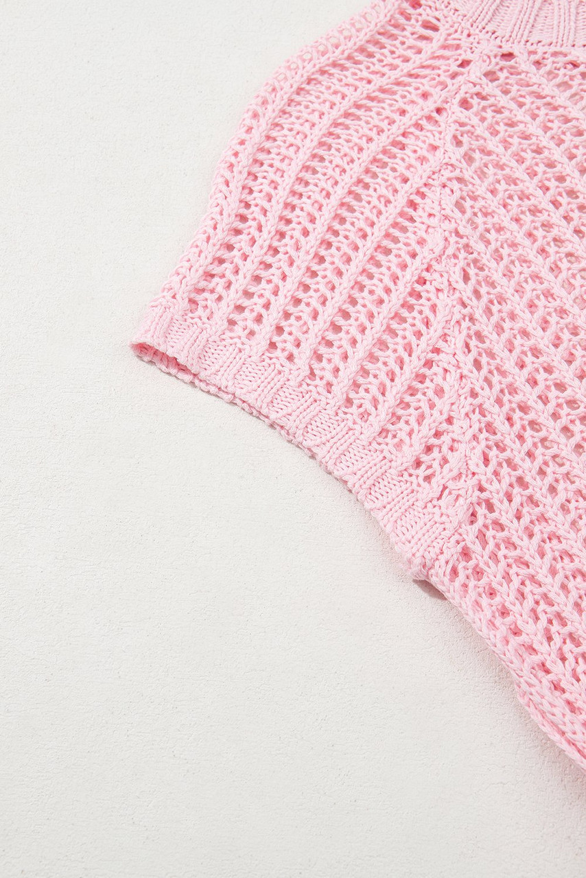 Pink Hollow-out Crochet Side Tied Short Sleeve Sweater