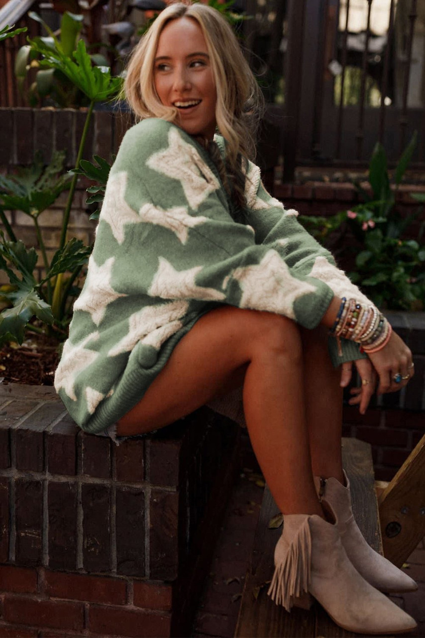 Green Sherpa Star Pattern Textured Sweater Cardigan with Pockets