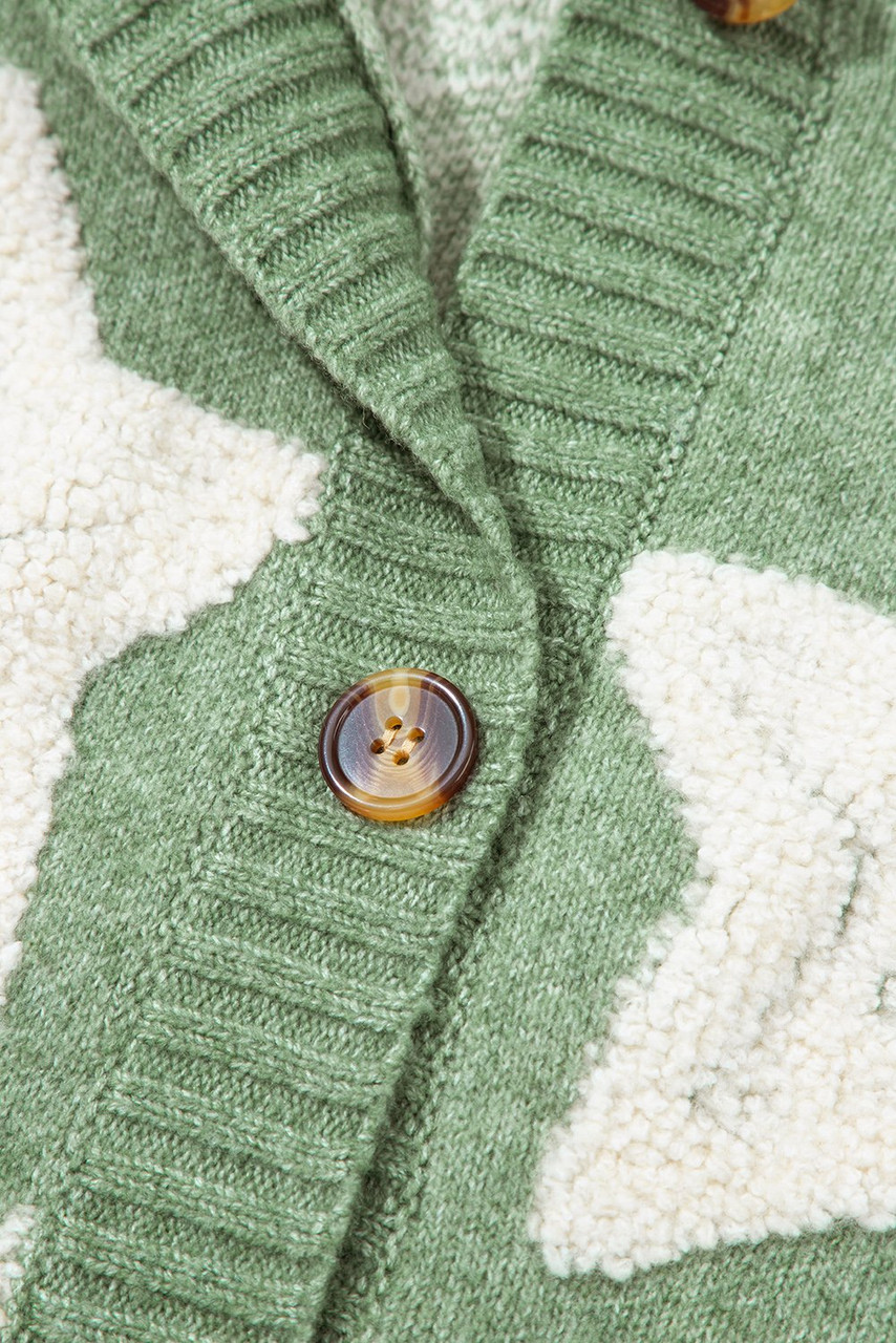 Green Sherpa Star Pattern Textured Sweater Cardigan with Pockets