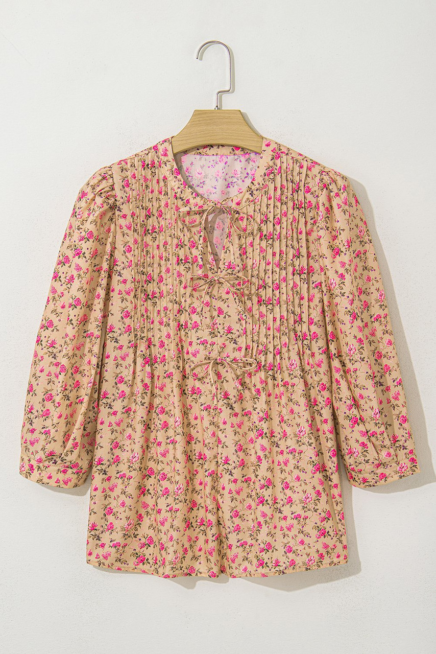 Light French Beige Floral Print Bow Pintuck Bust Half Puff Sleeve Blouse Top