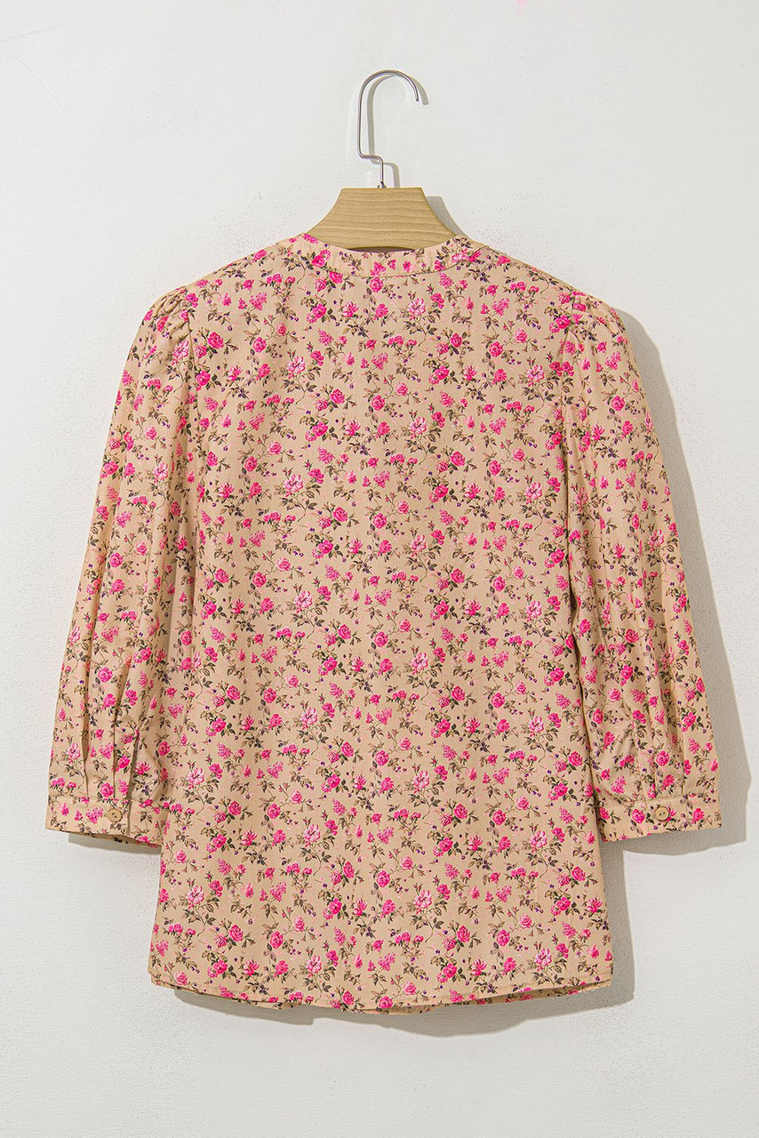 Light French Beige Floral Print Bow Pintuck Bust Half Puff Sleeve Blouse Top