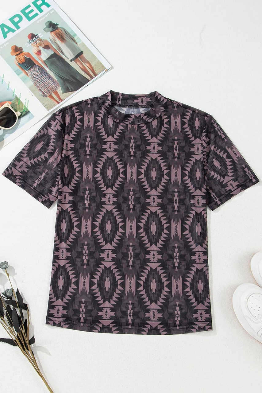 Brown Aztec Print Mock Neck Short Sleeve Mesh T Shirt