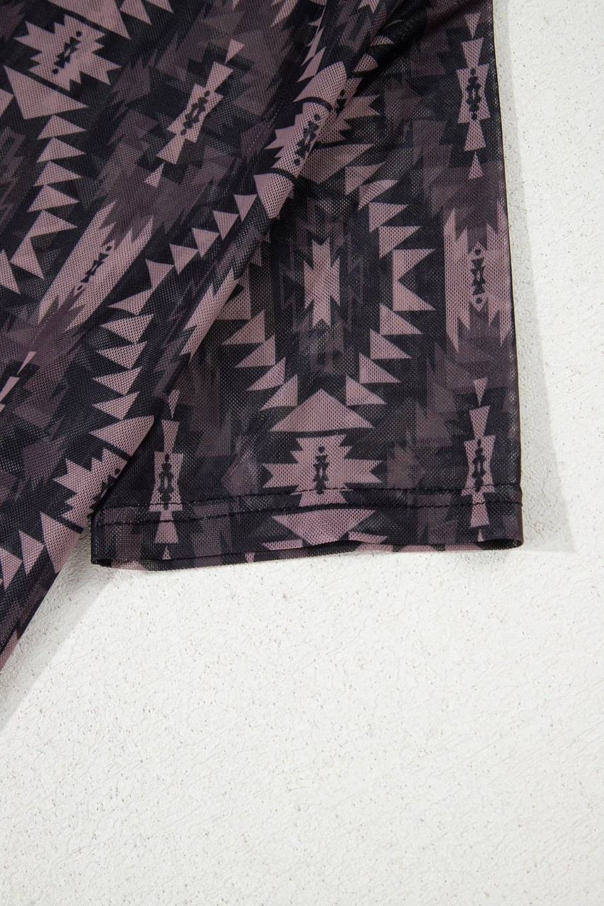 Brown Aztec Print Mock Neck Short Sleeve Mesh T Shirt