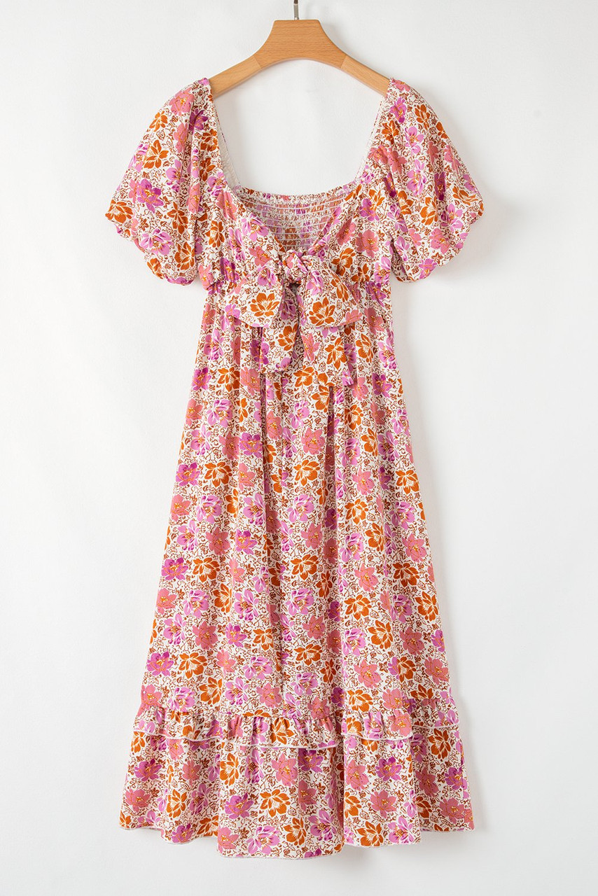 Pink Floral Square Neck Knotted Ruffle Midi Dress