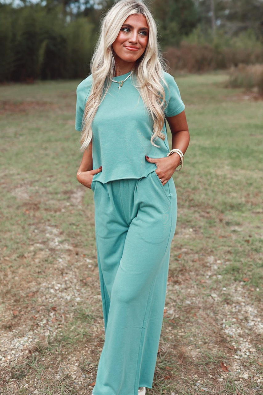 Mint Green Raglan Short Sleeve Tee and Wide Leg Pants Set