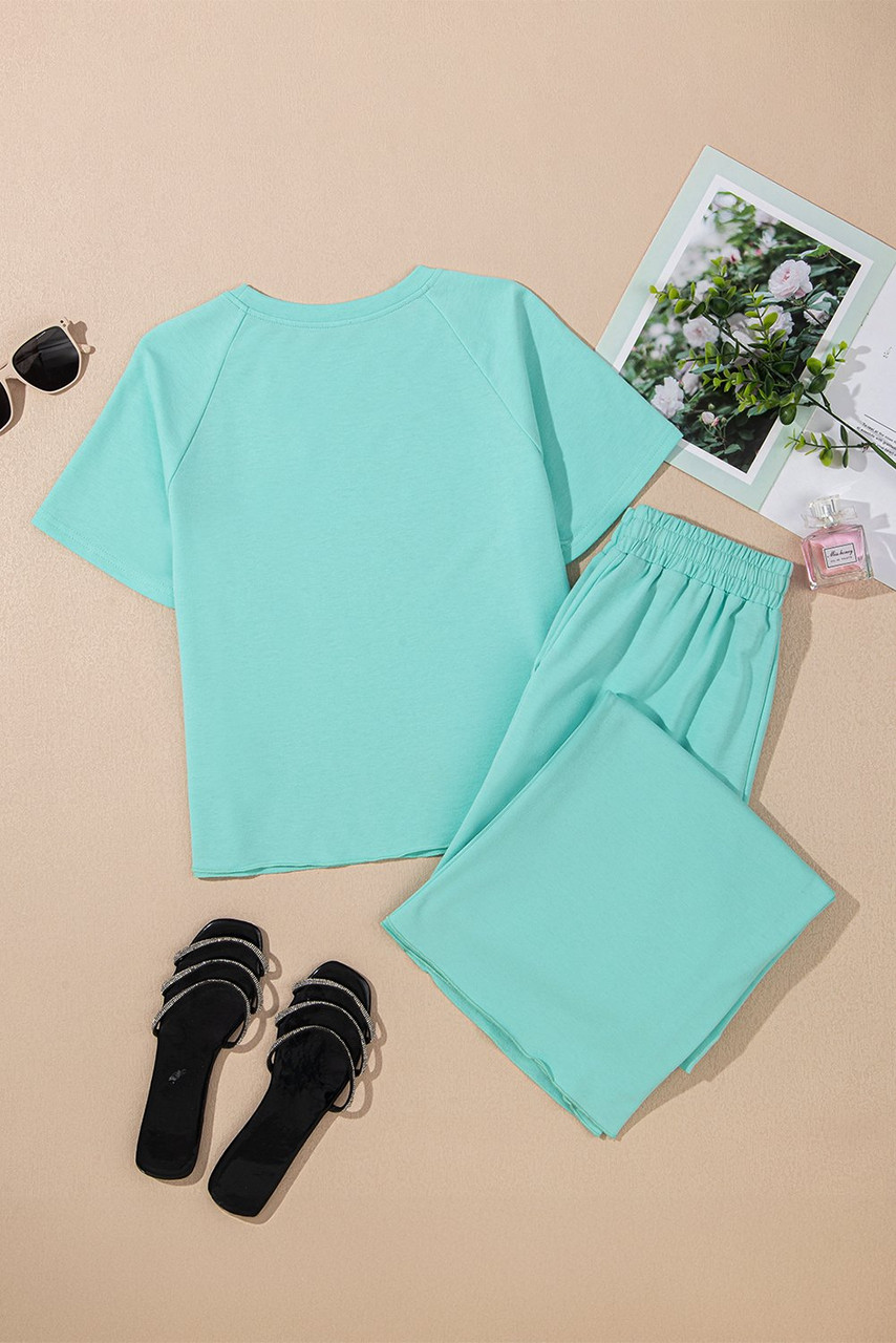 Mint Green Raglan Short Sleeve Tee and Wide Leg Pants Set