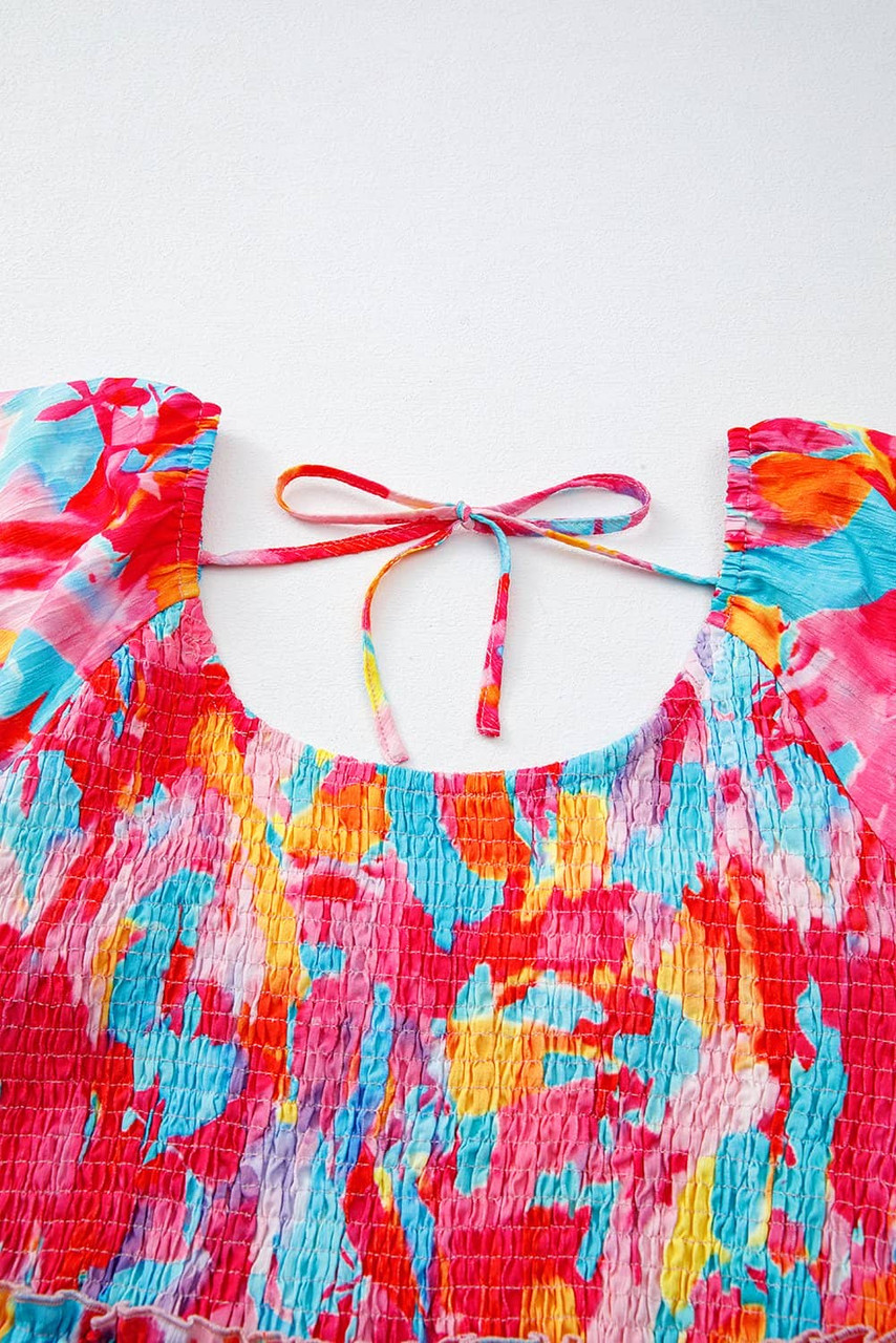 Rose Abstract Printed Puff Sleeve Square Neck Smocked Bust Tied Back Plus Size Dress