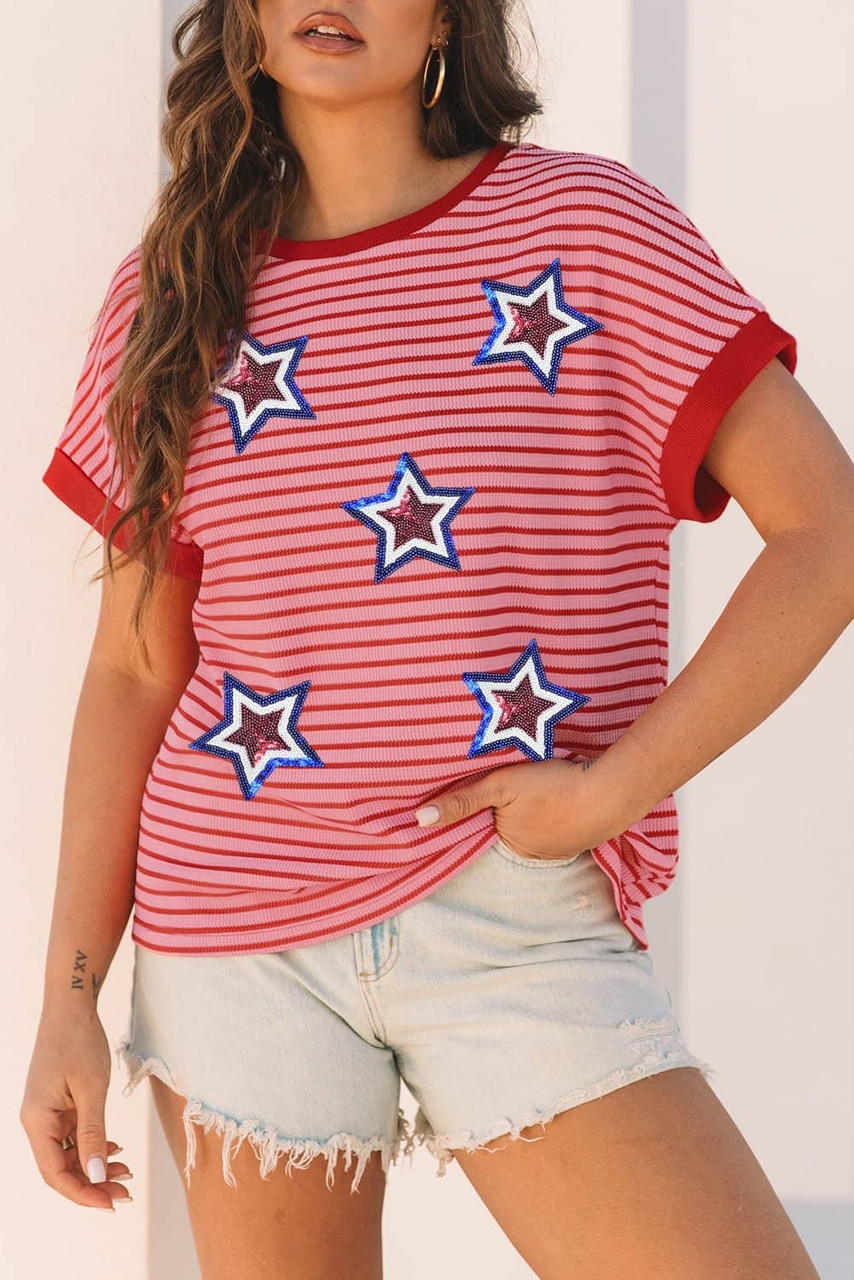 Pink Stripe Sequined Star Independence Knitted Summer T Shirt
