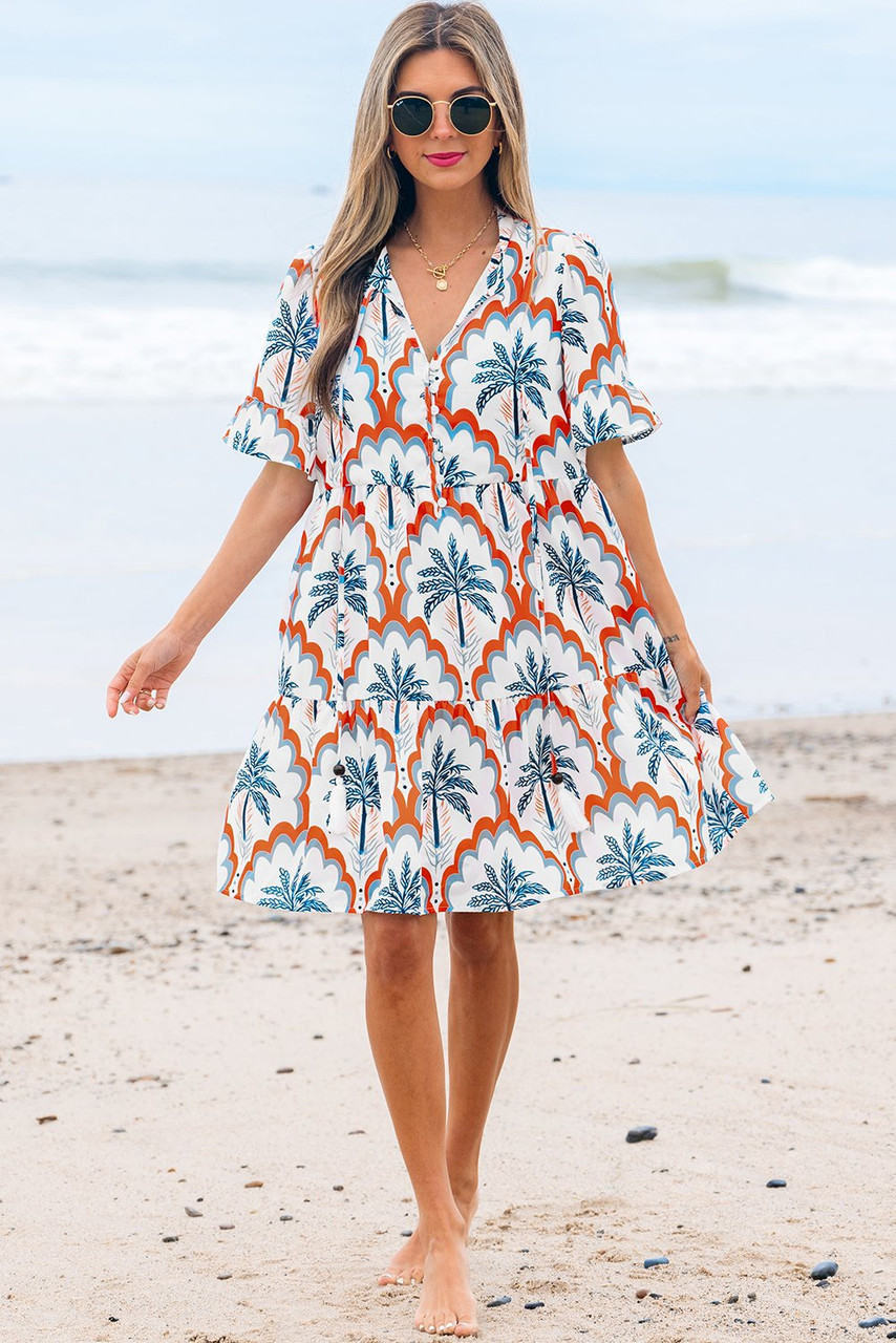 Orange Contrast Palm Tree Printed Short Sleeve Flowy Dress