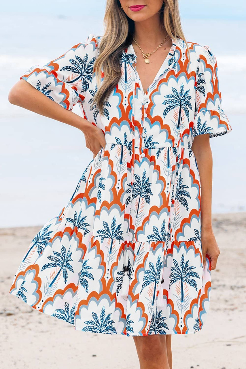 Orange Contrast Palm Tree Printed Short Sleeve Flowy Dress