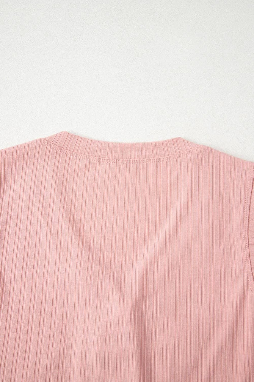 Gossamer Pink Ribbed Button V Neck Tank Top and Shorts Set